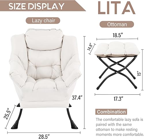 Miniatura 3 de LITA Silla Lazy con otomana, sofá tapizado de acento moderno, silla de lectura contemporánea con reposabrazos y un bolsillo lateral para sala de