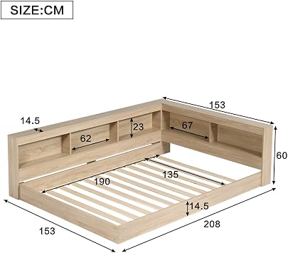 4ft6 Double Bed Frame with Storage Compartments & Slatted Frame, Household Low Platform Floor Bed for Adults Kids Teenagers, Multifunctional Storage Beds Guest Beds, MDF+Plywood, White Oak, 135x190cm