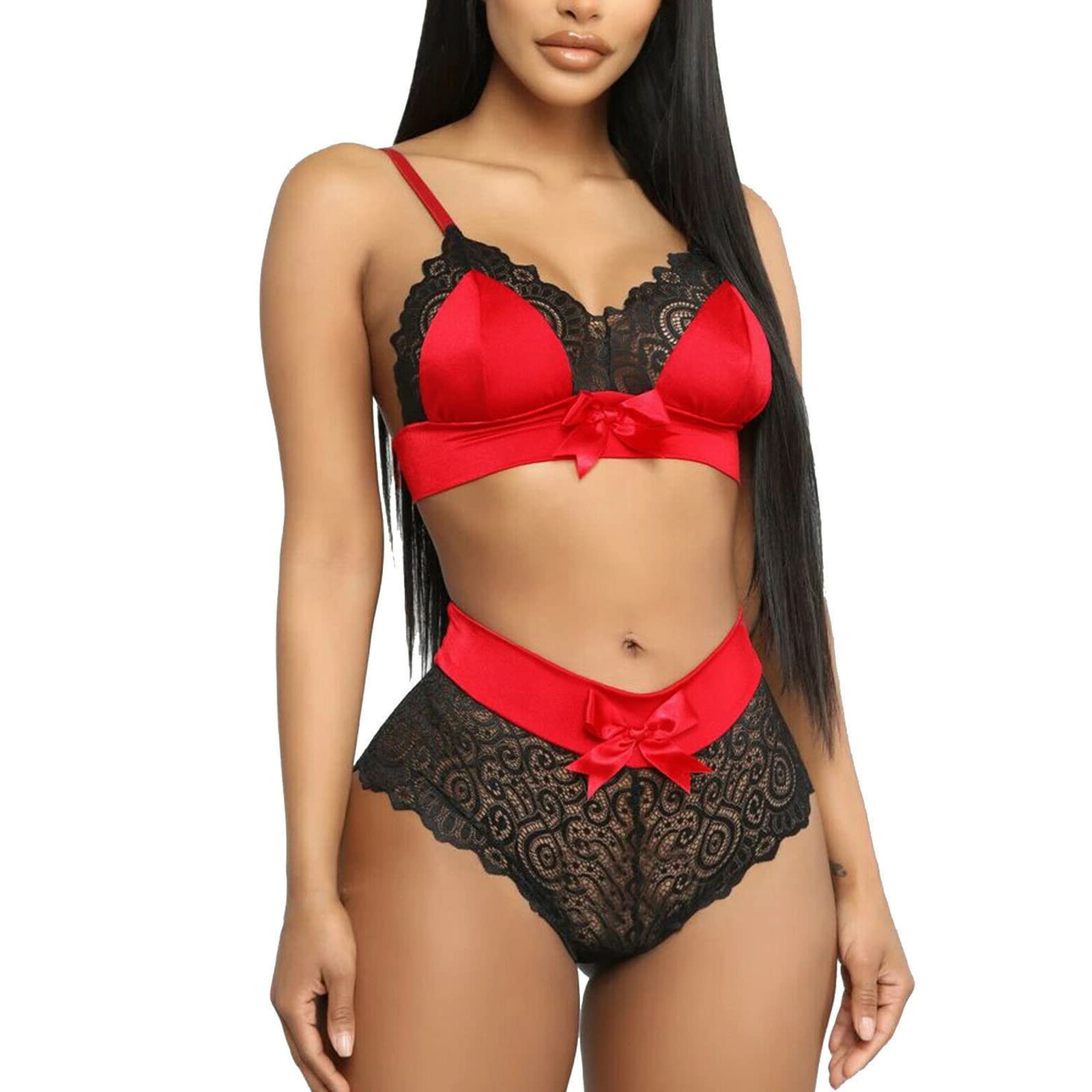 ROSVAJFY Sexy Lingerie Set for Women Naughty 2 Piece Push up Sling Bra and Panty Underwear Sets See Through Lace Patchwork Strappy Nightwear with Knickers Ladies Sweet Bowknot V Neck (Red, S)