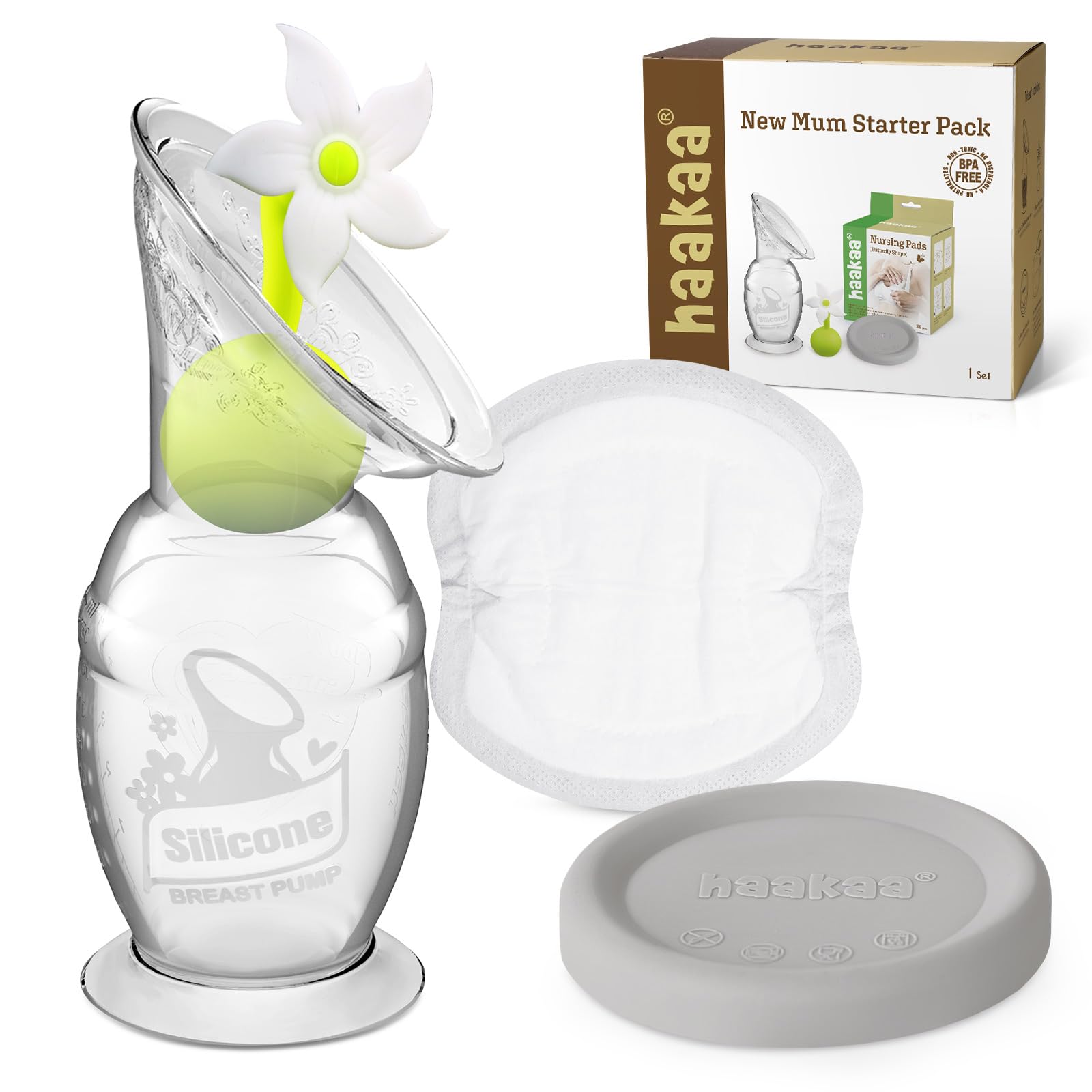 haakaa New Mom Starter Kit with 5oz/150ml Breast Pump & 36 Nursing Pads