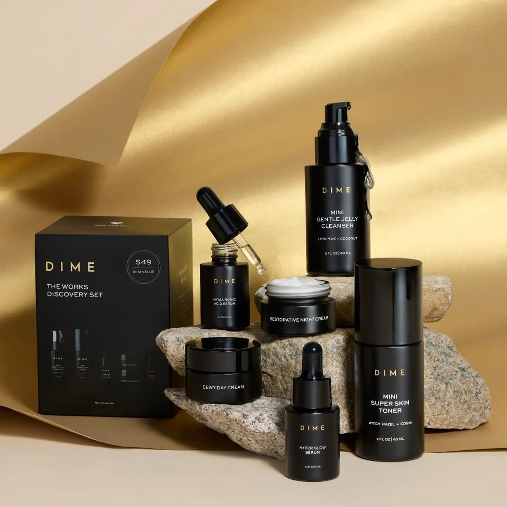 DIME Beauty The Works Discovery Set - 6-Piece Clean Skincare Starter Kit with Cleanser, Toner, Hyper Glow Serum, Hyaluronic Acid Serum & Day/Night Creams, Vegan & Cruelty-Free thumbnail 2