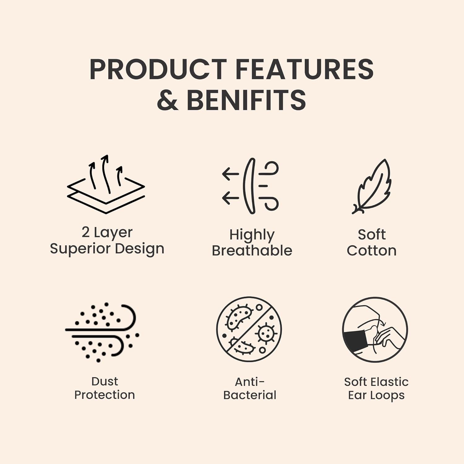 New Year Sale Plain Black 2 Ply 100% Cotton Cloth Face Mask (Pack Of 2), For Unisex