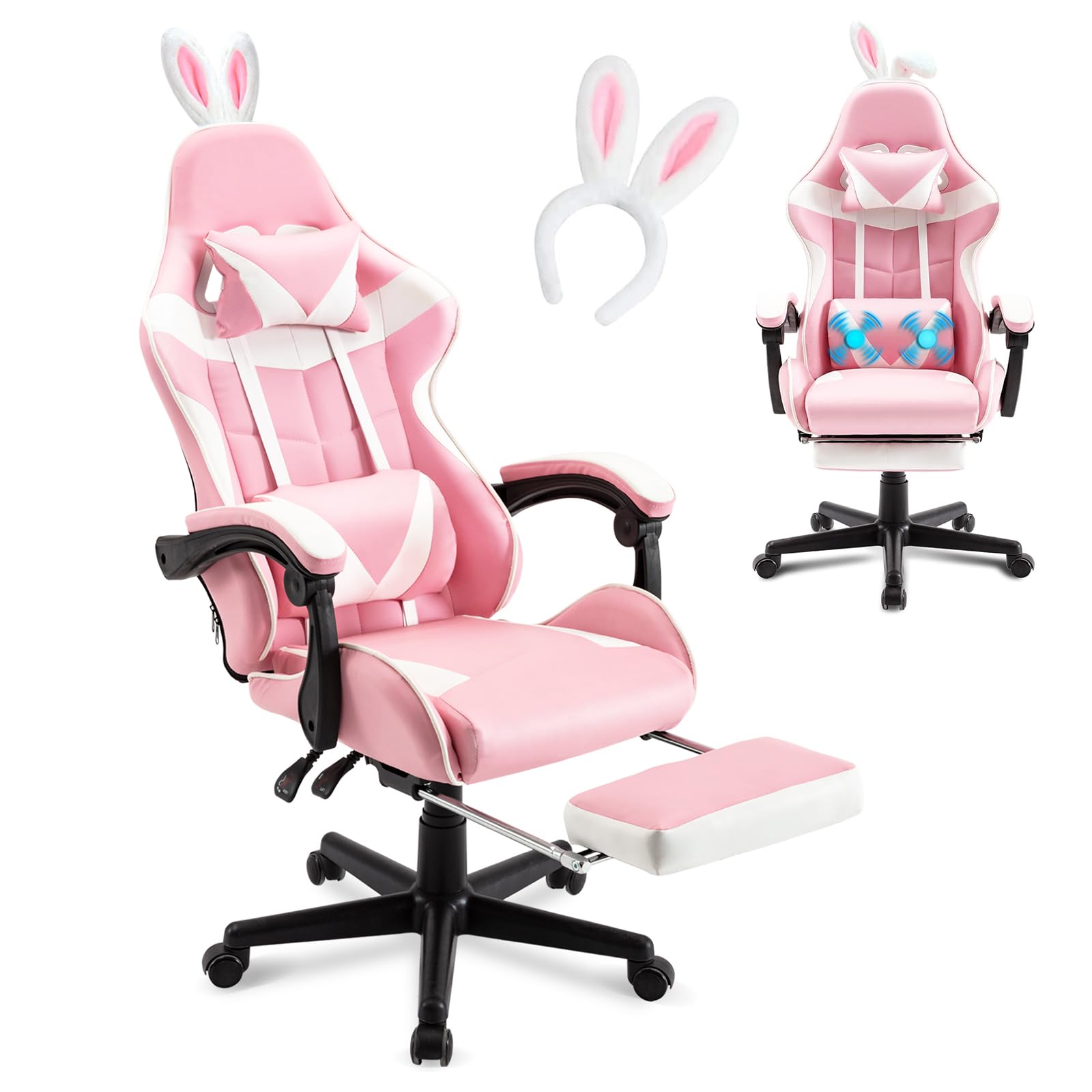 Huracan Sedia Gaming, Poltrona Gamer con Funzione Massaggio e Poggiapiedi, Sedia Gamer Ergonomica con Memory Foam e Rivestimento in PU, Altezza Regolabile, Schienale Reclinabile, Gaming Chair, Rosa