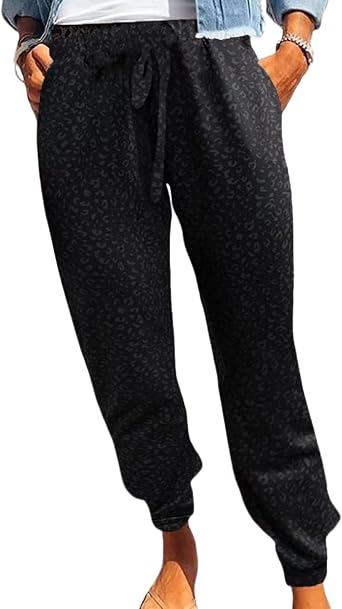 Womens 2023 Soft Casual Drawstring Tie Elastic Waist Loose Jogger Pants Leopard Printed Track Pants with Pockets