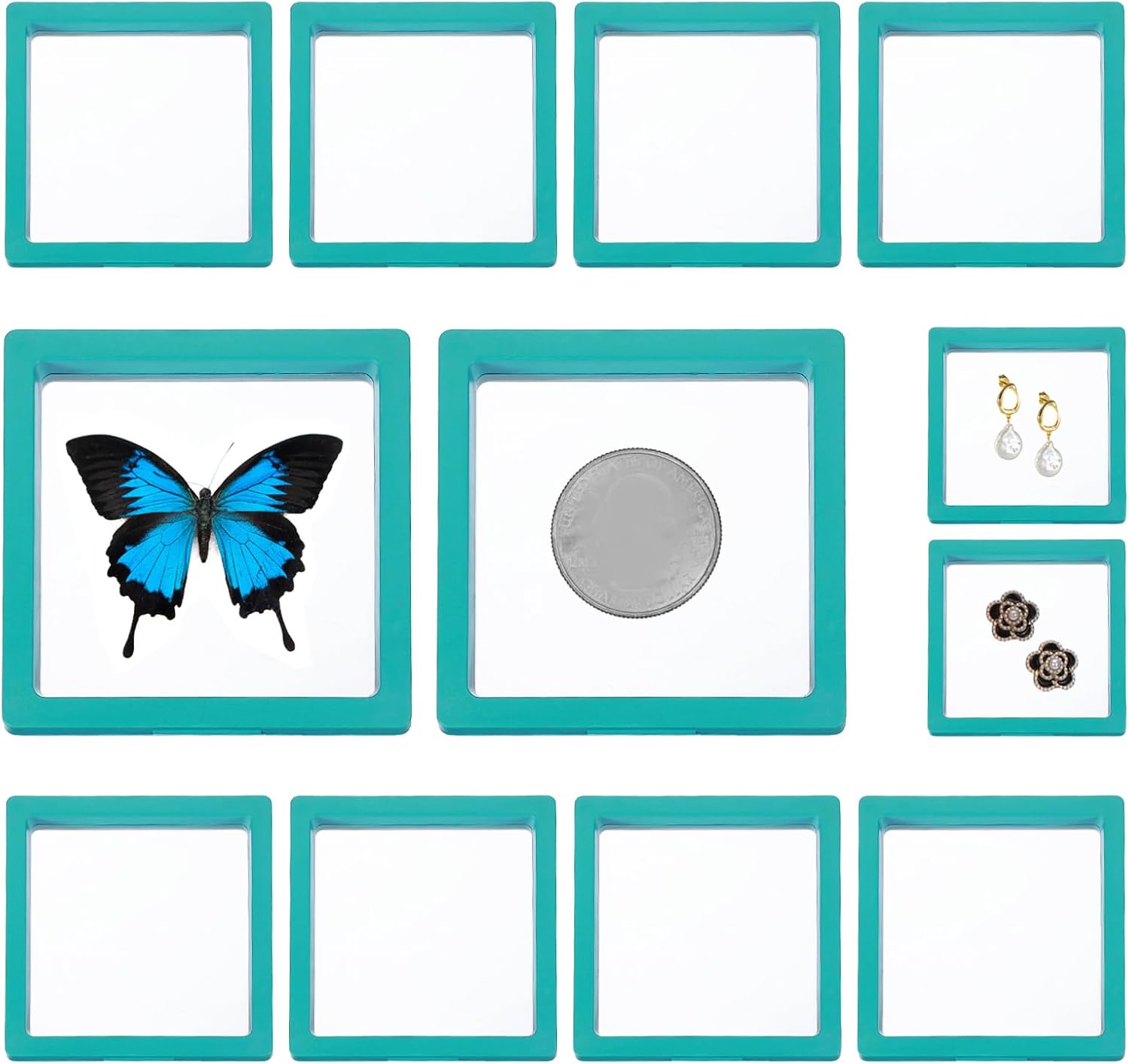 PATIKIL 3D Floating Frame Display Stand, 12 Pack 3.5x3.5 Inch Challenge Coin Display Stand Holder Transparent PE Jewelry Storage Box Floating Display Case, Teal