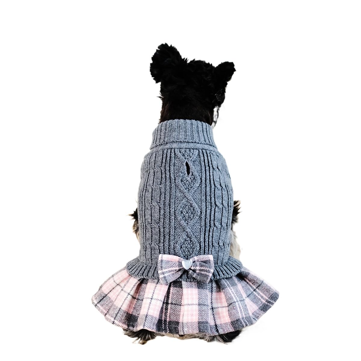 Tangpan Classic Cable Turtleneck Dog Sweater with Bow-Knot Pet Plaid Skirt Warm Apparel Puppy Clothes Cat Outfit （Grey,M