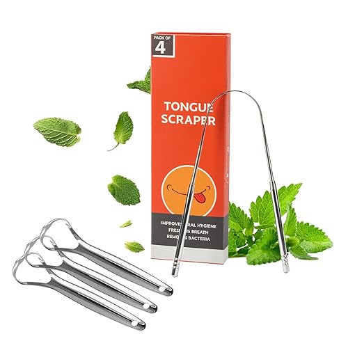 GTHUNDER 4 raspadores de lengua con caja, raspador de lengua de metal de grado alimenticio para adultos, tratamiento de mal aliento, limpiador de