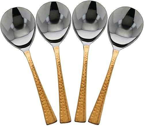 Juego de 4 cucharas de servir con mango de cobre martillo, cucharas para vajilla y utensilios de servir, herramientas antideslizantes para cocina