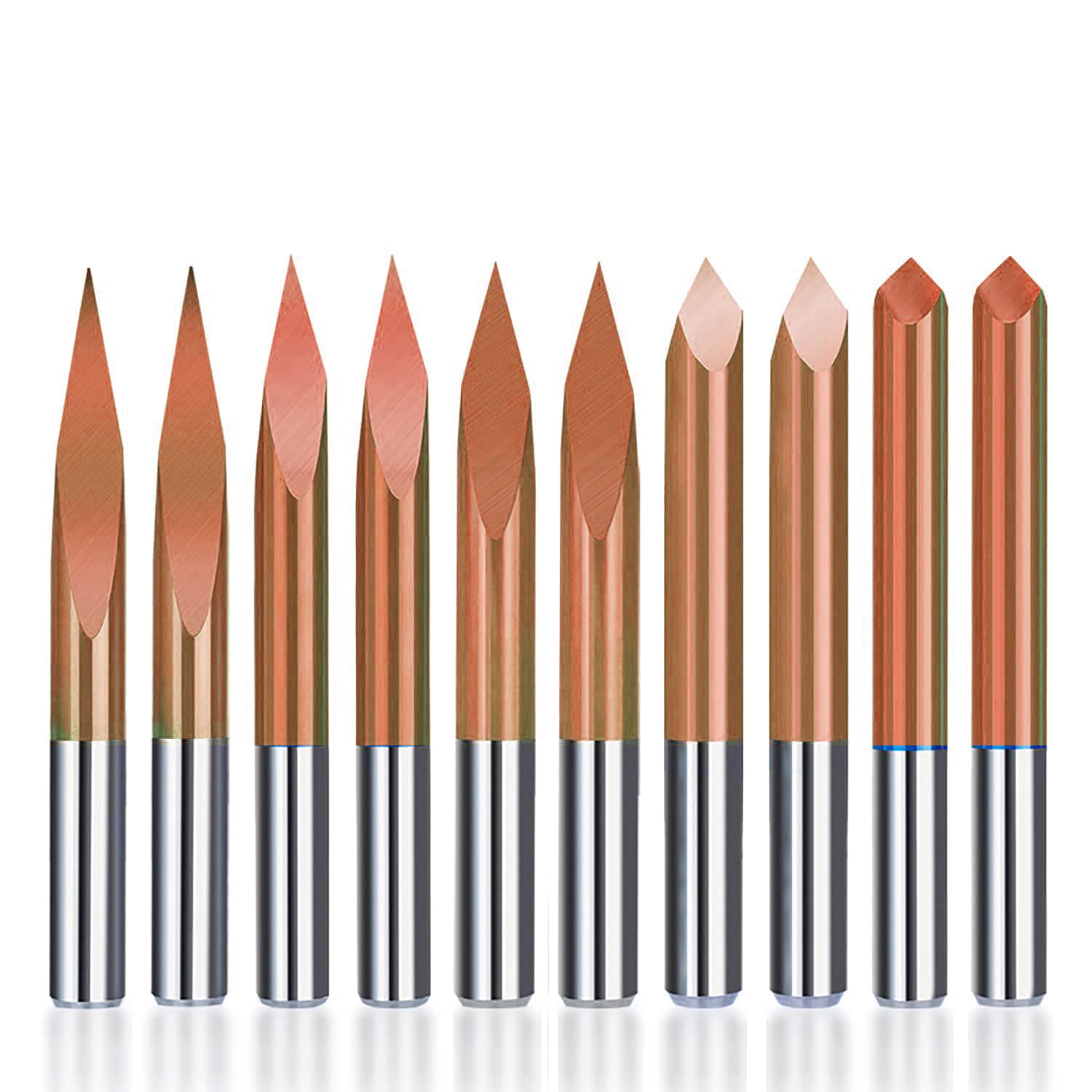 10Pcs TiCN Coated 3-Edge Pyramid Bit, 1/8” Shank Carbide CNC Router Bit Engraving End Mill Cutter| 20/30/45/60/90 Degrees, 0.1mm Tip