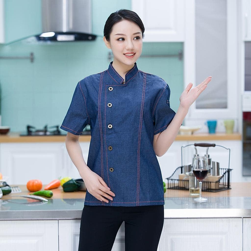 Unisex Denim Chef Jacket Coat Short Sleeves Shirt Kitchen Uniform Plus Size - Black 3XL, as described