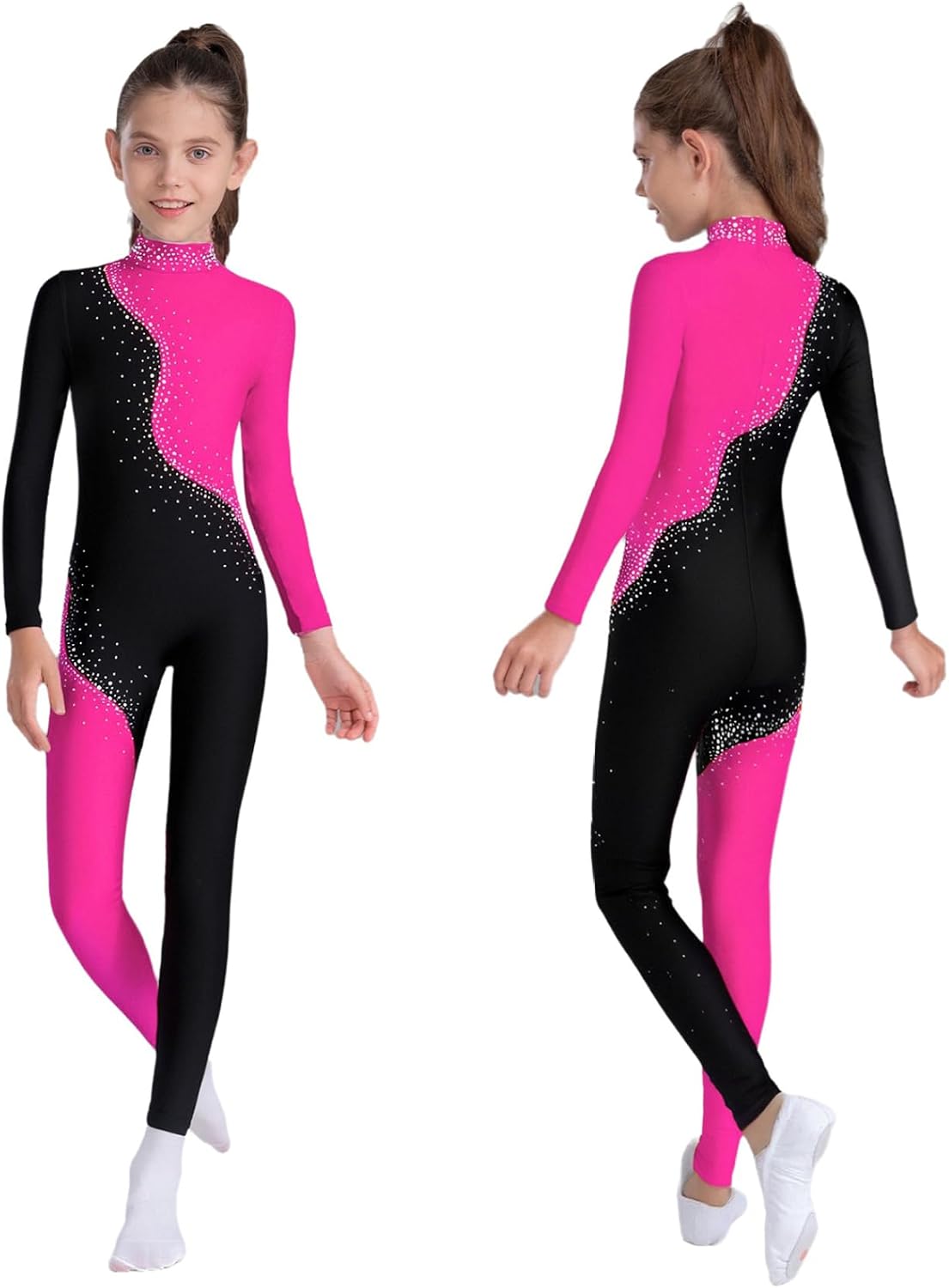 Jhaoyu Kids Girls Gymnastics Unitards Long Sleeve Sparkly Rhinestones Color Block Figure Skating Jumpsuit
