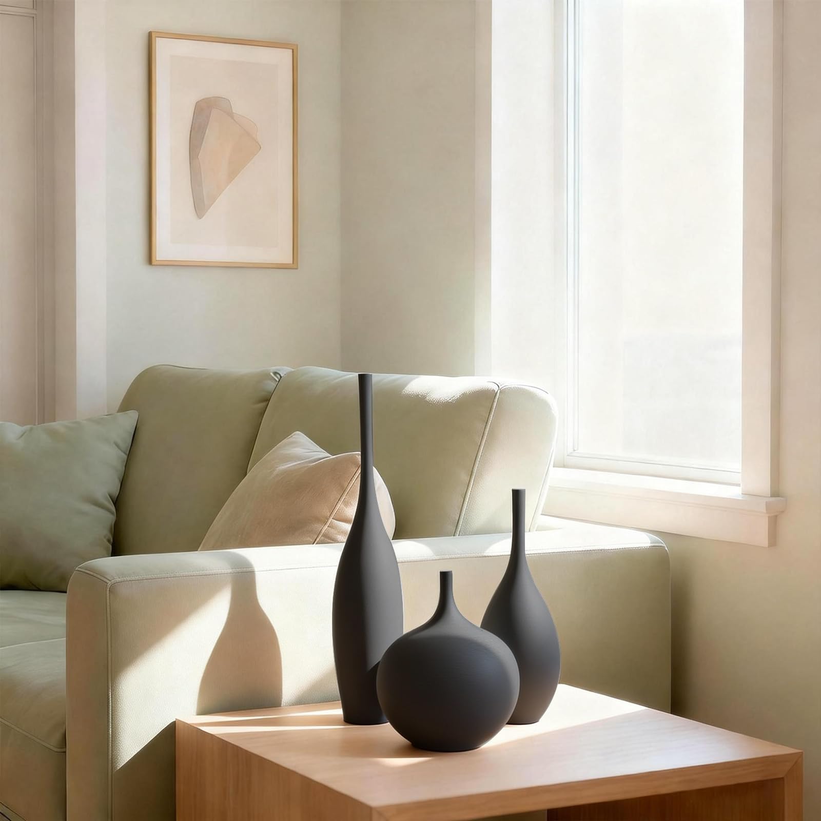 Relexome Vaso in Ceramica Nero Moderno Boho Wabi-Sabi Set di 3 Vasi Decorativi Estetici per Centrotavola Vasi Minimalisti Opachi per Soggiorno, Tavolo, Mensola, Decorazione della Casa, Regalo