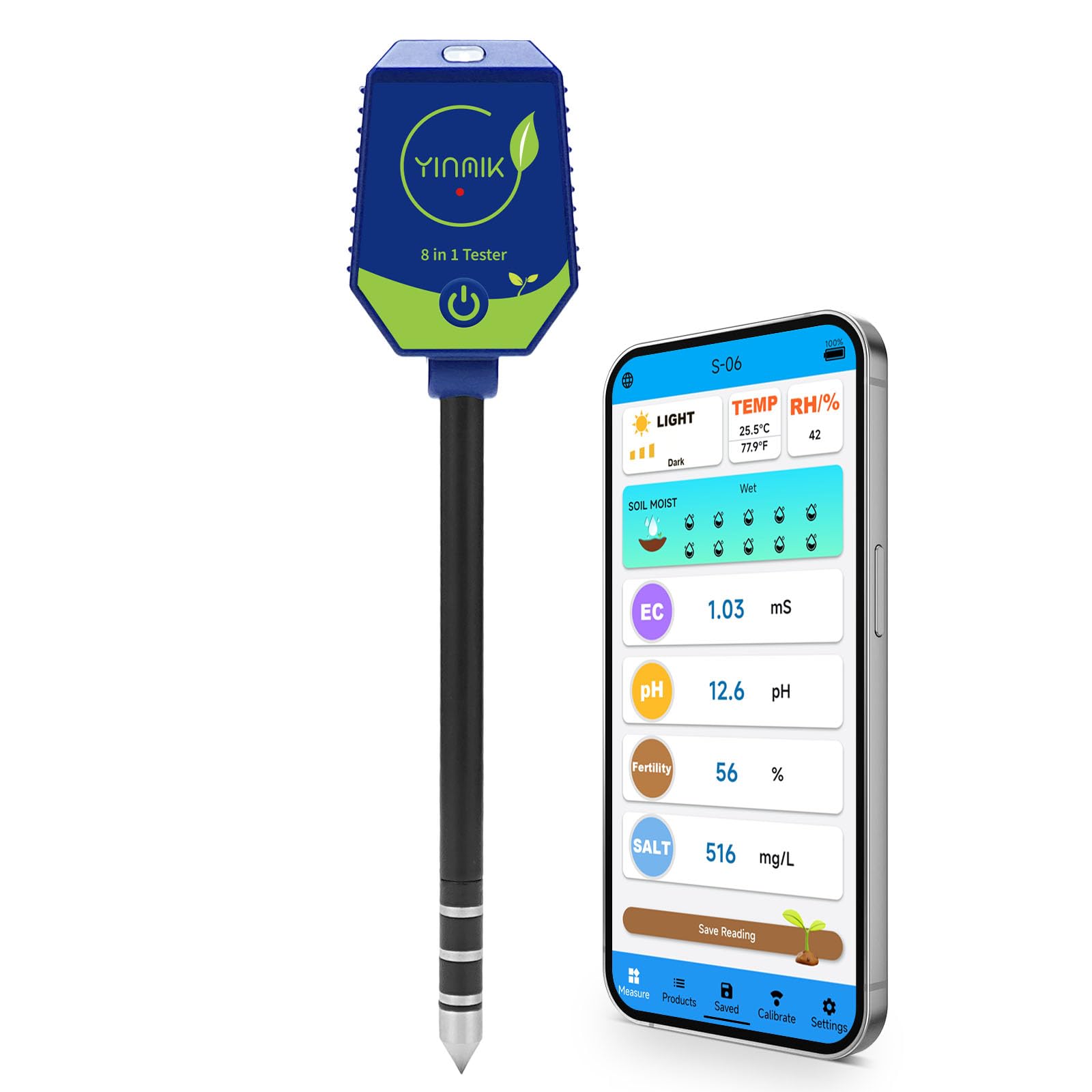 Kit di analisi terreno intelligente, 8 in 1 umidità EC fertilità sale intensità luce solare umidità aria temp pHmetro, pH igrometro per serra giardino fattoria, pH misuratore conduttività per terreno