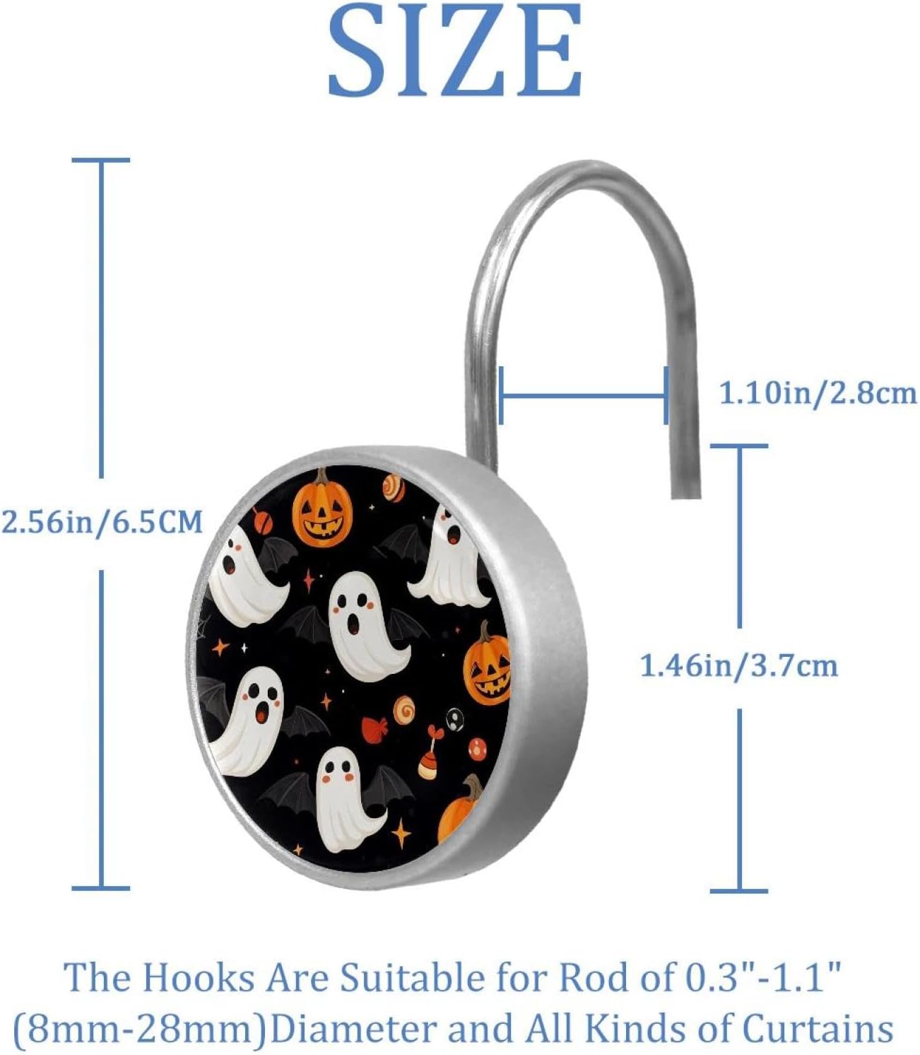 Set of 12 Shower Curtain Hooks, Shower Curtain Rings Crystal Glass Decorative Bathroom Hook, Halloween Bats Candies Pumpkins
