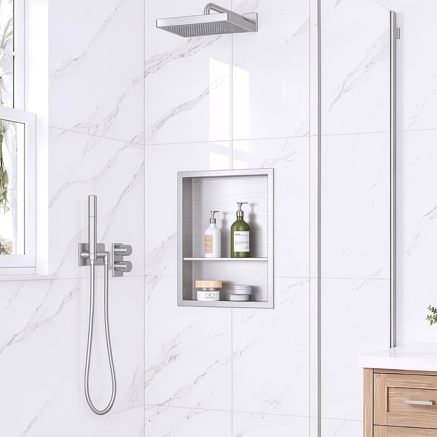 20 x 16 Inch Stainless Steel Shower Niche, No Tile Needed Wall Niche with Double Shelves, Recessed Wall Niche Insert for Bathroom Shower Kitchen Storage, Brushed Nickel