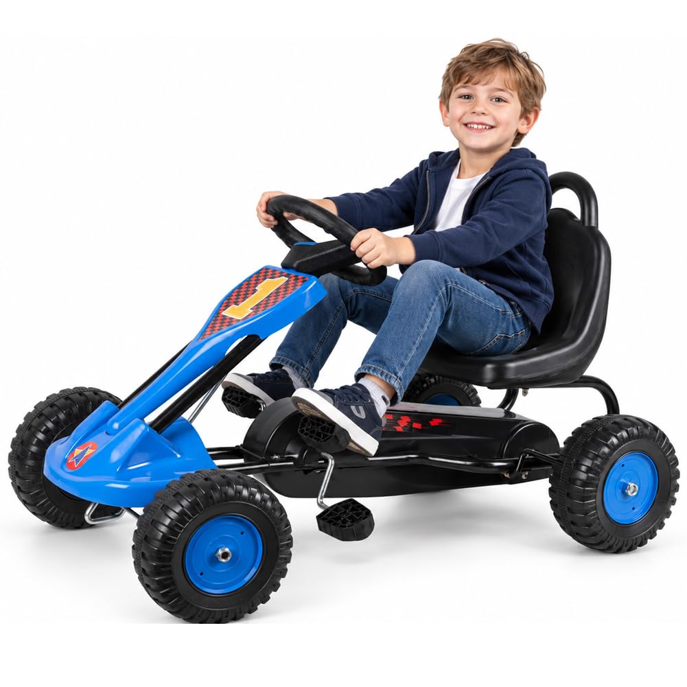 BAKAJI Go Kart a Pedali per Bambini dai 5 ai 12 Anni, Sedile Regolabile ed Ergonomico, Ruote in Gomma Pneumatici ad Alta Tenuta, Bici per Bambini con Telaio Resistente e Freno a Mano