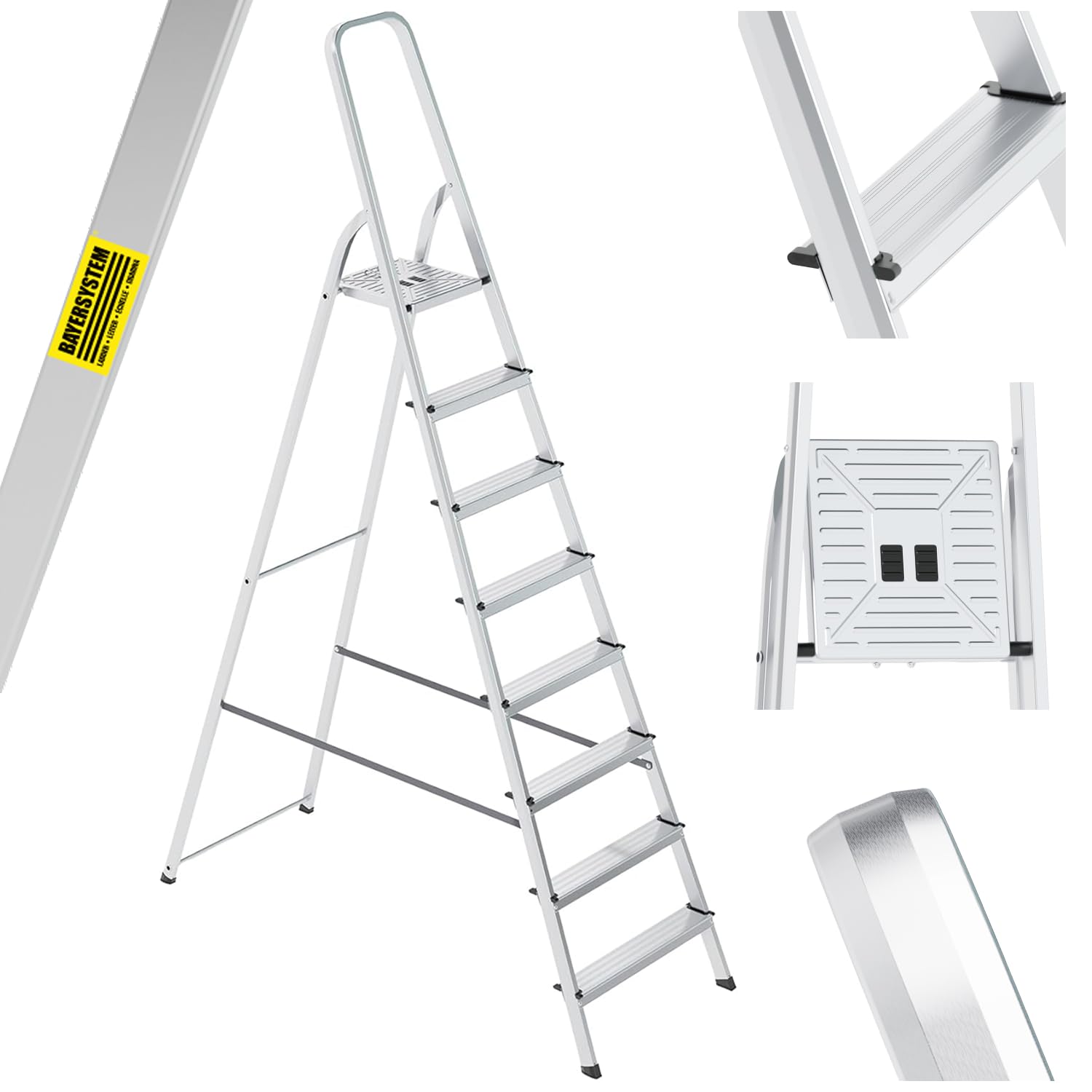 Bayersystem Aluminium-Stehleiter, 8-stufig, leicht, klappbar, tragbar, robust, breite Plattform, 150 kg Tragkraft, rutschfeste Füße, Mehrzweckleiter für Haushalt, Lager, Büro