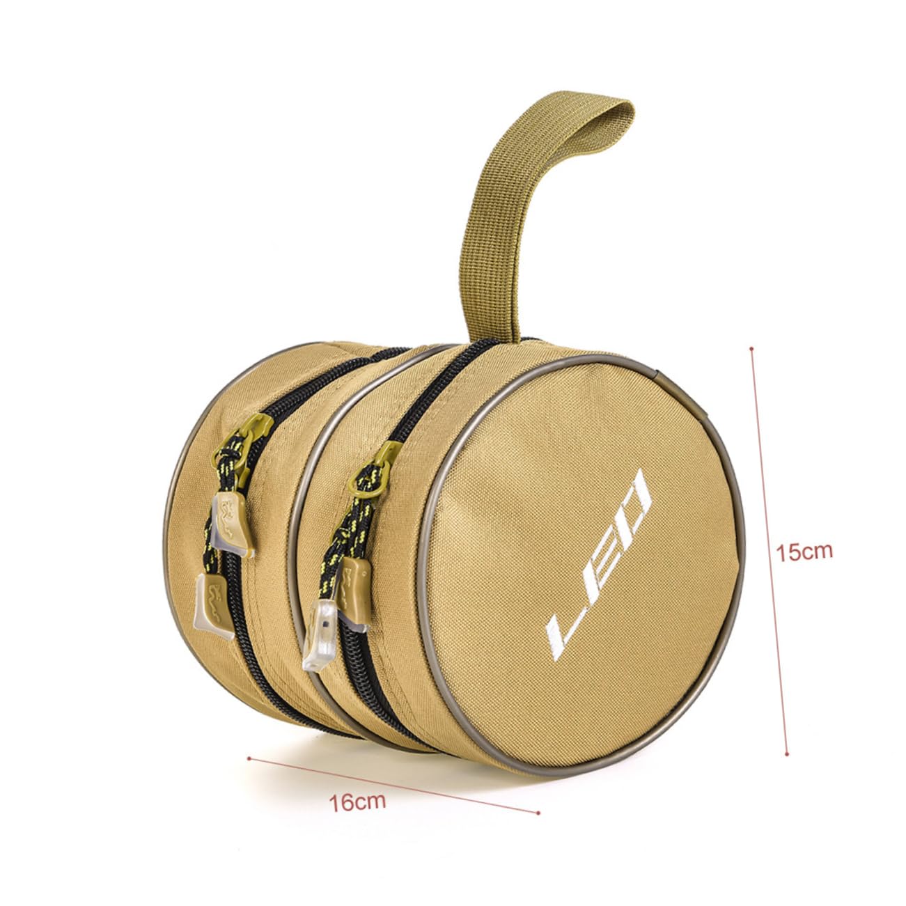 Mikikit Round Fishing Storage Bag Durable Fishing Pouch Two Layer Design for Outdoor Fishing Kits Portable and Shockproof Fishing Gear Organizer Khaki