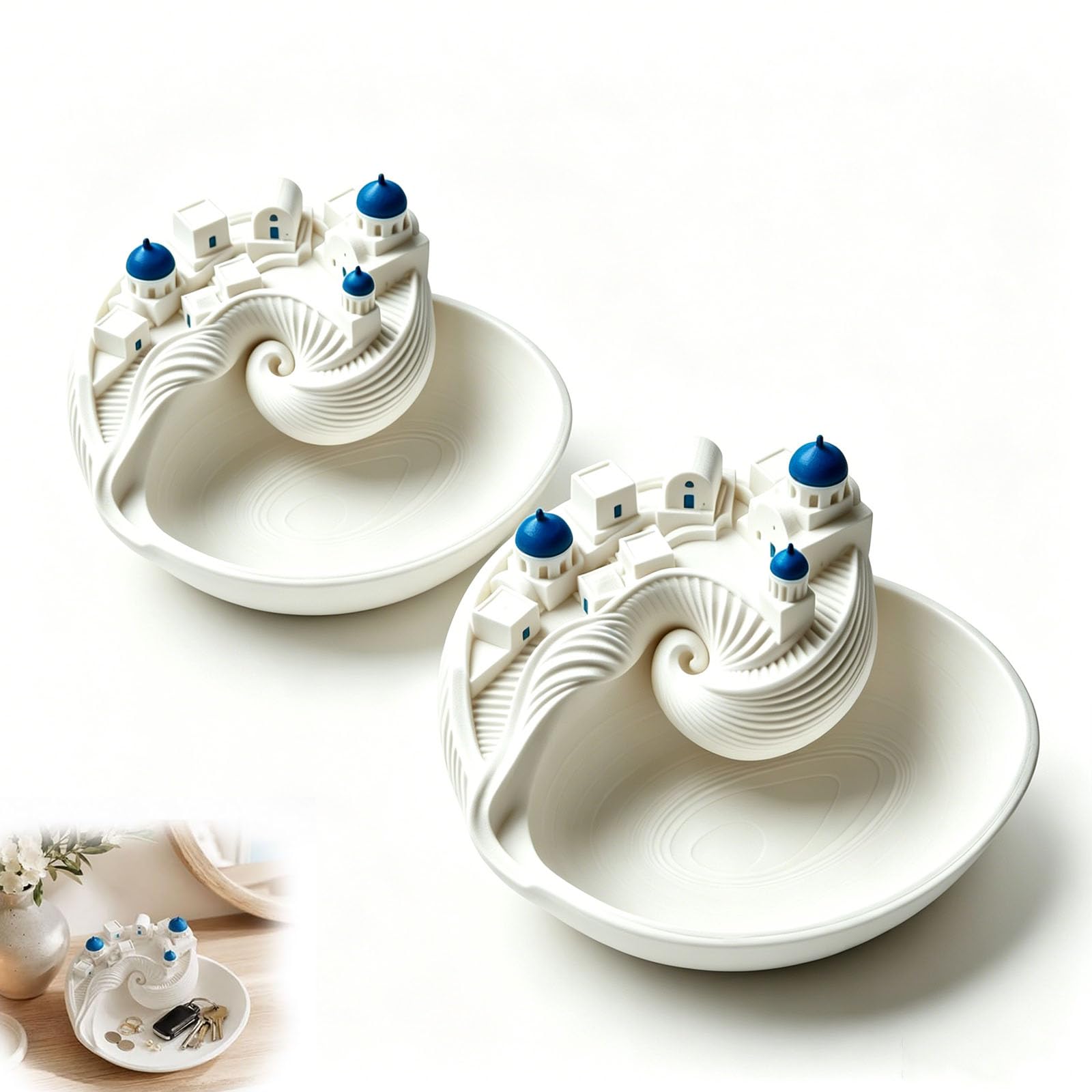 Santorin Coastal Seashell Catchall Bowl, 3D Printed PLA Trinket Organizer Dish, Greek Island Style Holder for Keys Coins Jewelry, Ornament for Entryway Table Dresser Nightstand, Father's Day (Blue*2)