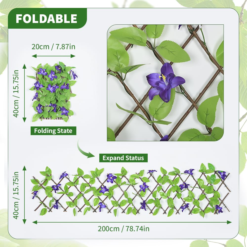 Lot de 2 brise-vue extensibles pour balcon, terrasse, extérieur, clôture décorative en faux lierre, haies artificielles, 30 x 200 cm, étendue (fleurs violettes)