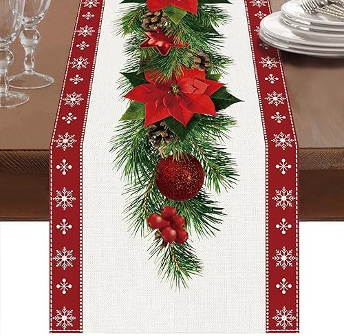 Netnology Watercolor Poinsettia Red Christmas Table Runner with W...