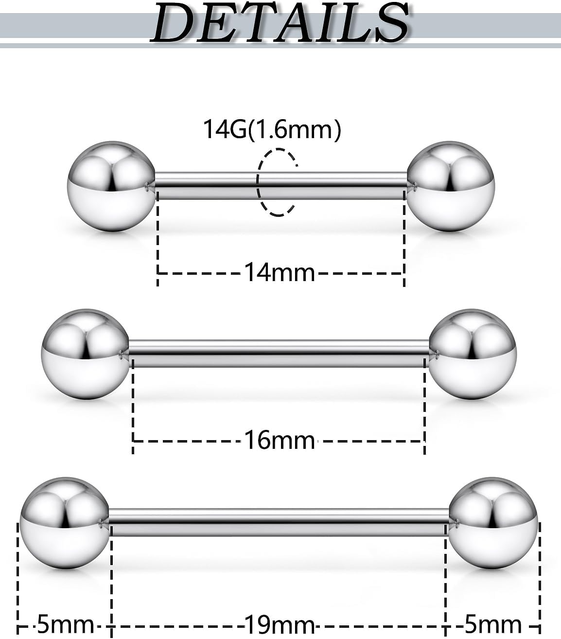 F136 Titanium 16/14/12/8/6/4/2G Internally Threaded Nipple Tongue Ring Industrial Bridge Prince Albert Piercing Jewelry Earrings 14/16/19/30/35/38/40mm Bars Barbells for Women Men - Image 3