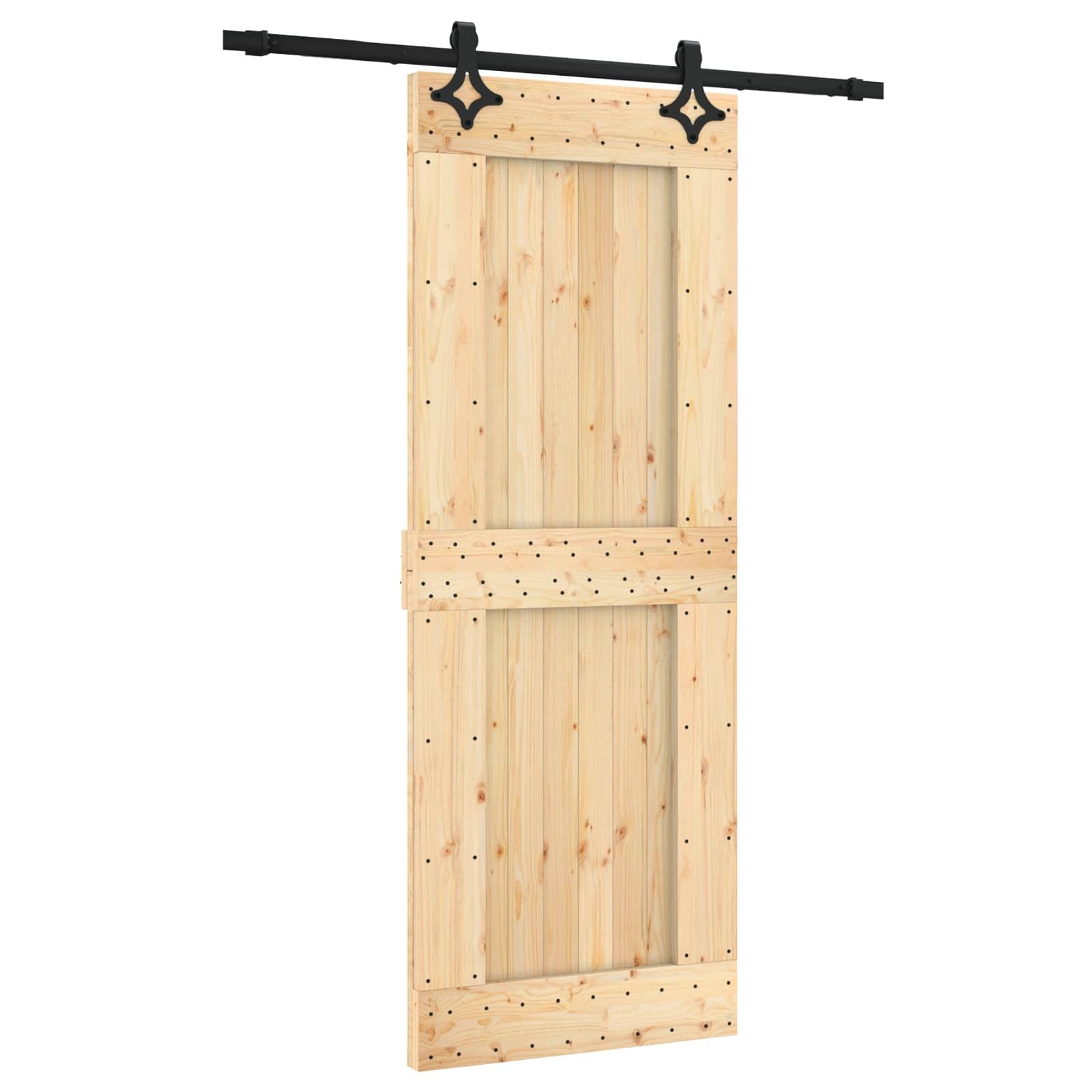 Porta scorrevole in pino, 80 x 210 cm, naturale e nero | Binario in acciaio resistente, scorrimento superiore morbido, salvaspazio, ideale per stanze piccole