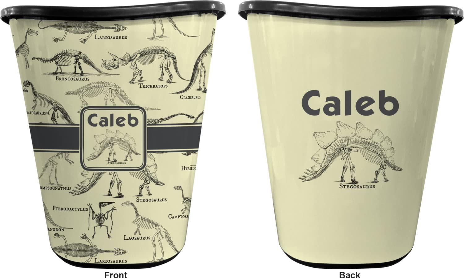 Personalized Dinosaur Skeletons Waste Basket - Double Sided (Black)