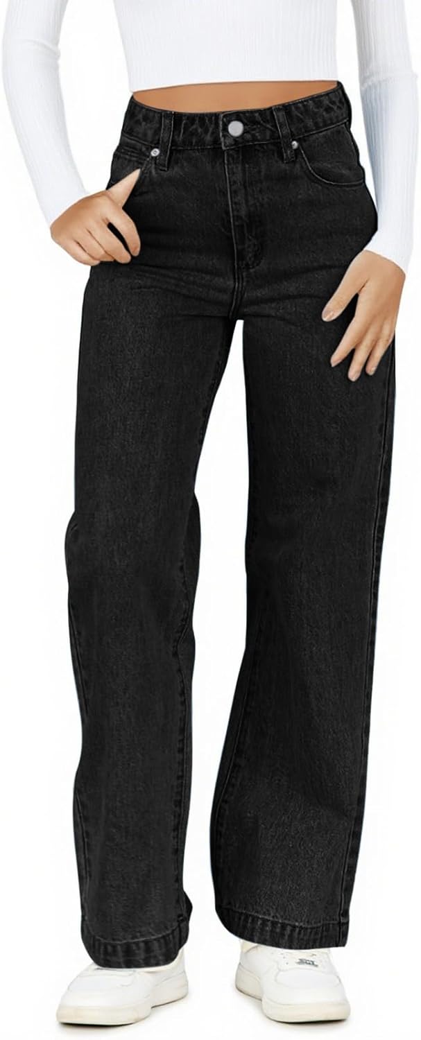 Haloumoning Girl’s Elastic Waist Jeans Straight Leg Demin Pants Casual Stretch Long Pants with Pockets 5-14 Years