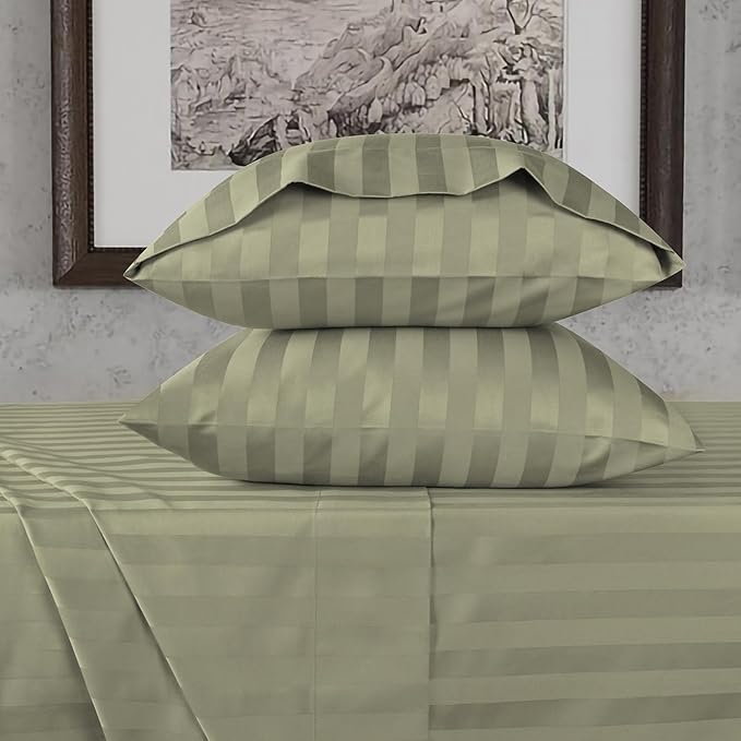 URBANHUT 800 Thread Count Egyptian Cotton Damask Striped Twin Size Sheets Set (4 Pc) - Ultra Soft & Smooth, Sateen Weave Twin Size Bed Sheets, Luxury Hotel Sheets with 16" Deep Pocket - Sage