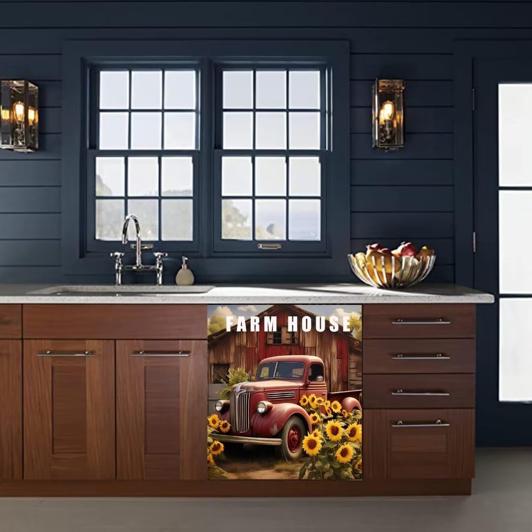Farmhouse Red Truck磁気食器洗い機カバーデカール、ファームハウスヒマワリ冷蔵庫磁気スキンカバー、食器洗い機用赤い納