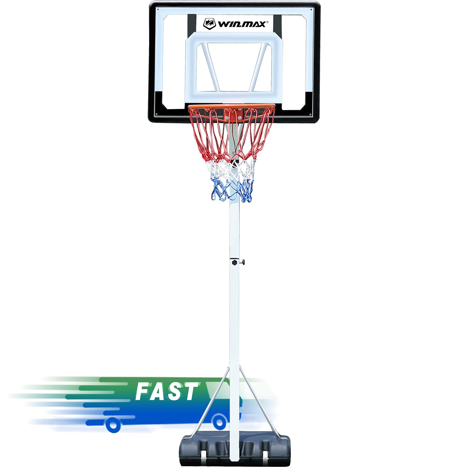 WIN. MAX 32 Inch Portable Basketball Hoop Goal Height Adjustable 7 FT to 10 FT PVC Backboard and Str