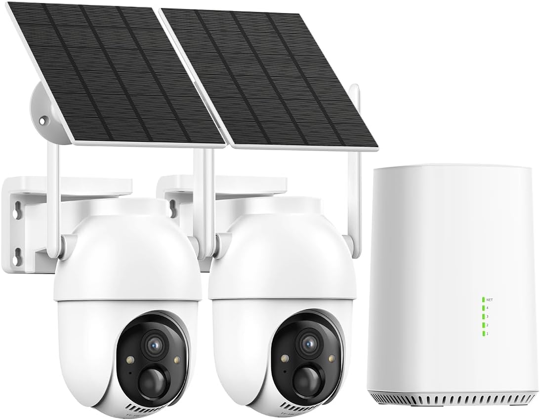 Aume 4MP Security Cameras Wireless Outdoor, 2-cam-kit, No Monthly Fee, Solar Powered Home Surveillance System, 360° Panoramic View, 2K Color Night Vision, Real-time Alerts, Support 5G&2.4G WiFi Router