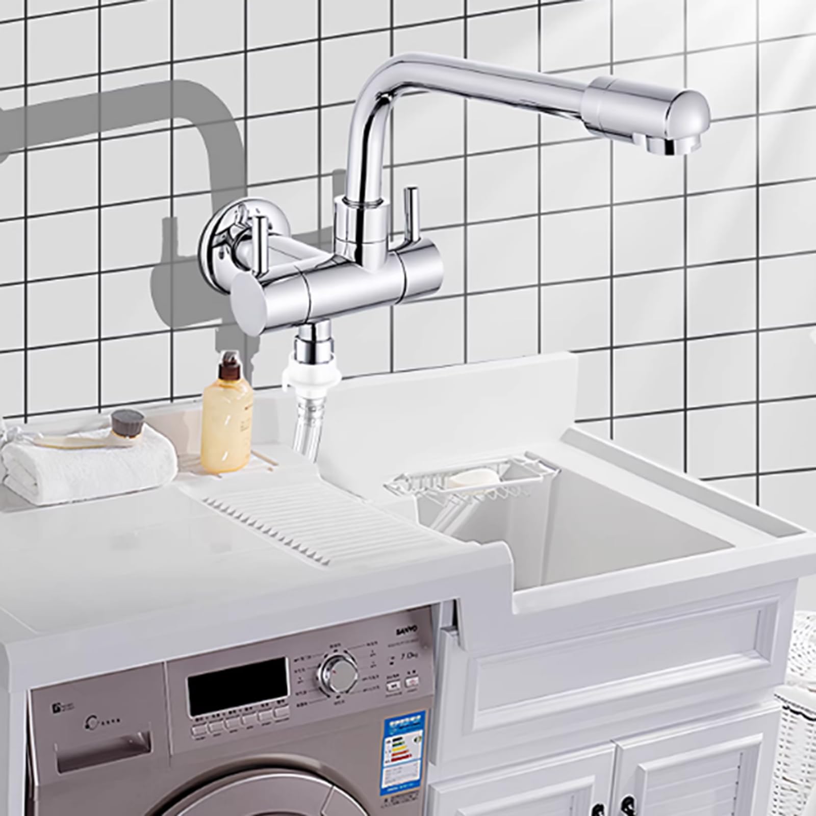 Rubinetto A Parete Lavandino Rubinetto Solo Acqua Fredda Rubinetti per Lavatrice Doppia Uscita Monoforo Doppia Maniglia,Bianco