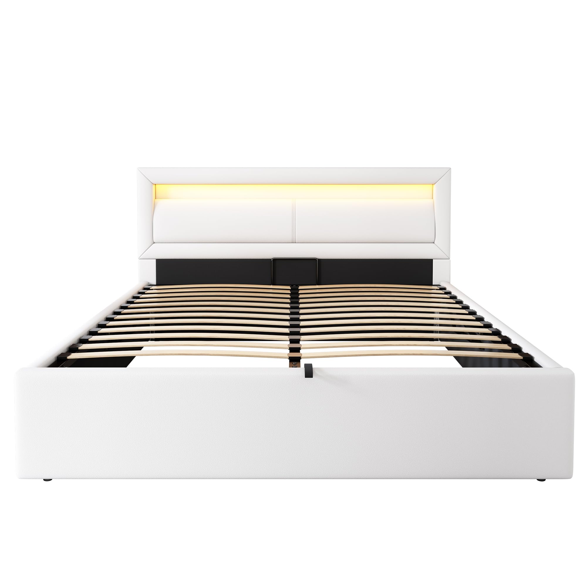 Cama tapizada, Cama LED, 140 * 200 cm, con somier de láminas y canapé, con cabecero Iluminado, Color Blanco, cabecero y Polipiel