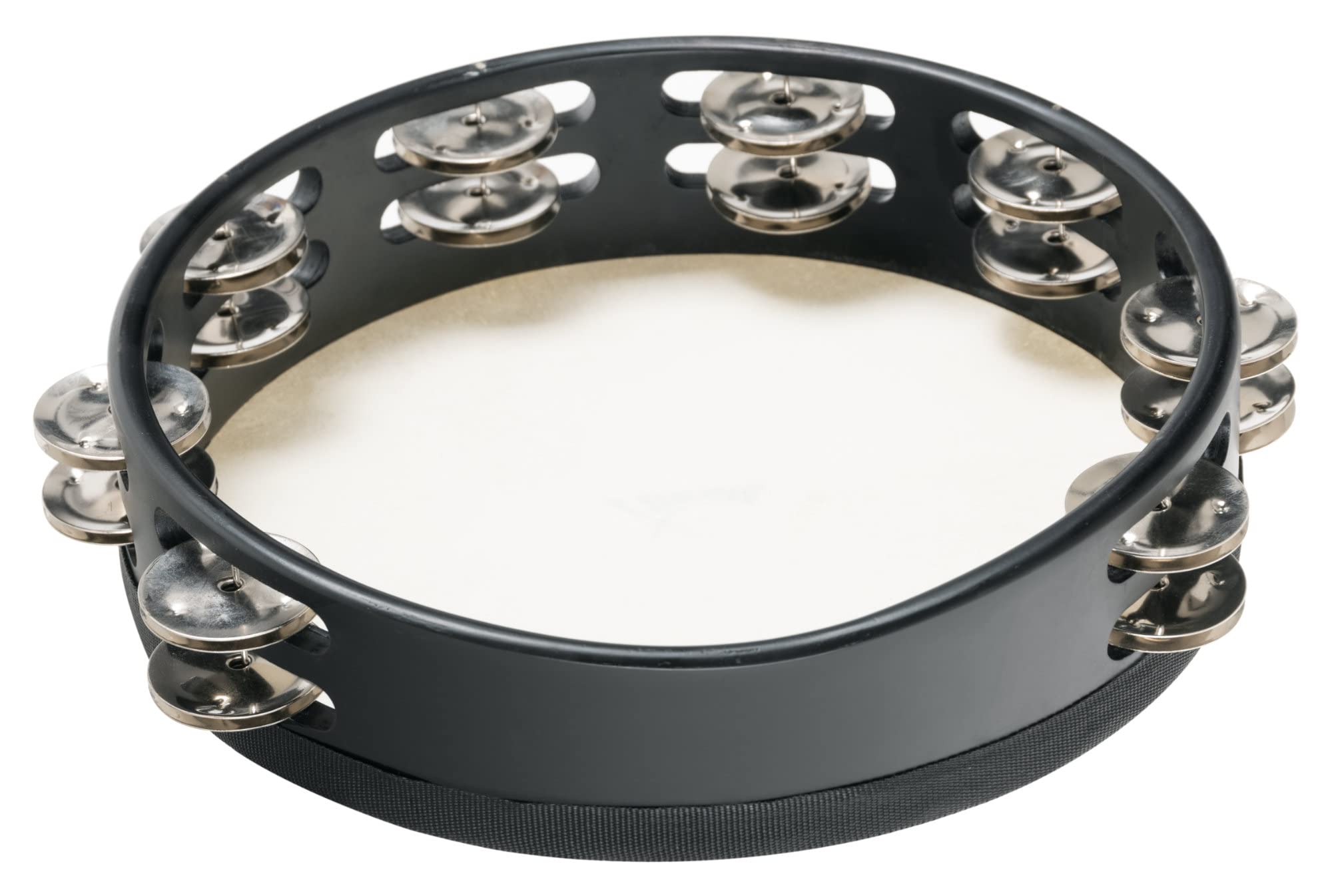 XDrum TMF10-BK Tamburello 10" con Pelle, Diametro: 10" (25, 4 cm) | 4 cm), 16 coppie di jingles in acciaio inox, Doppia fila, Pelle naturale selezionata, Cornice in acero nera, Altezza: 5, 5 cm