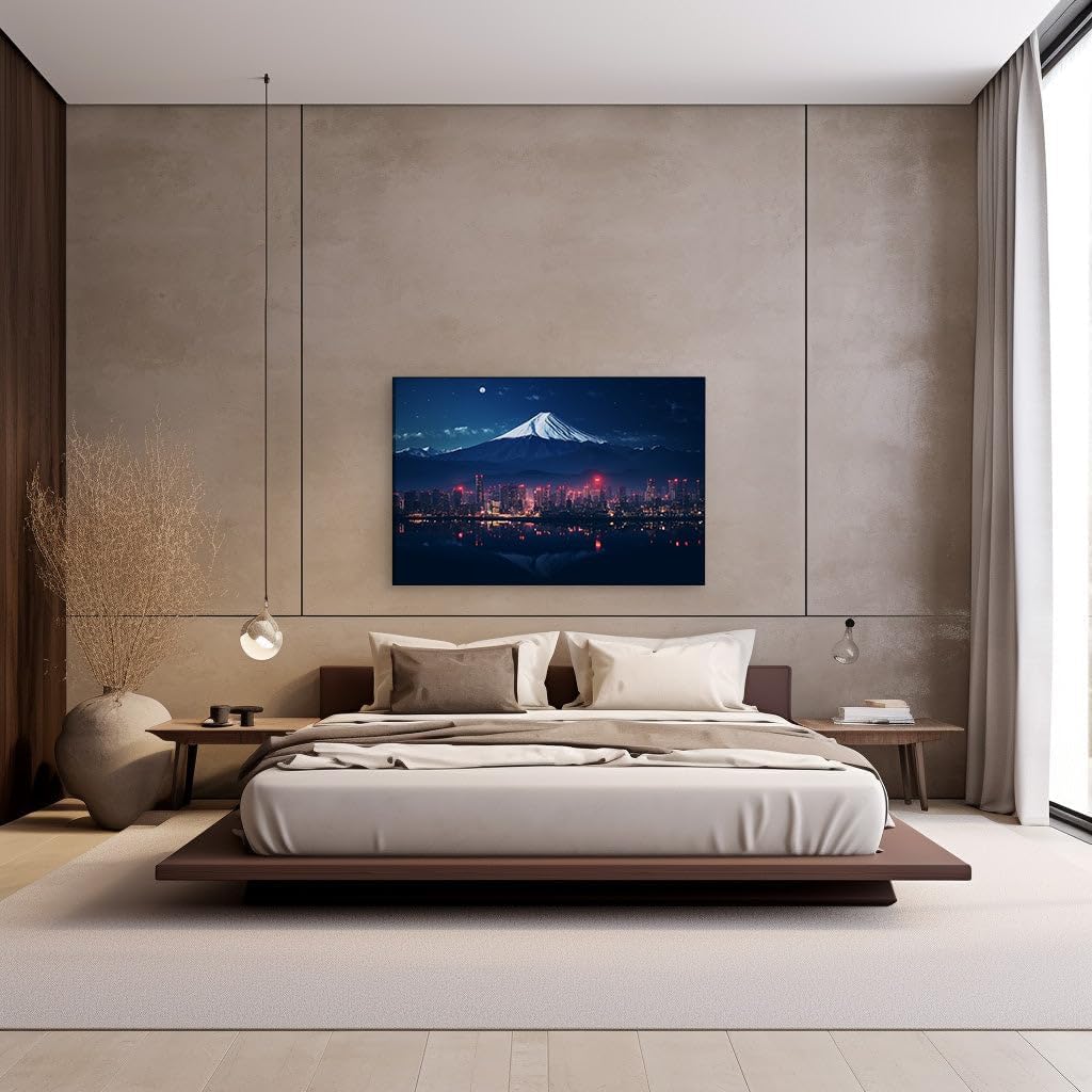 Canvas for Living room. Illuminated Majesty - When Mount Fuji Meets the City Lights at Night, 27 x 18 inch Canvas Wall Art - Modern Home Decor