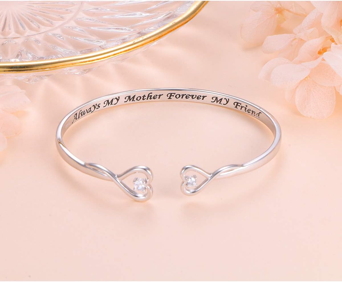 DAOCHONG Sterling Silver Sideways Cross Bangle - Faith Hope Love Engraved Bracelet With Love Heart Circle for Women, Sister, Girlfriend Gift