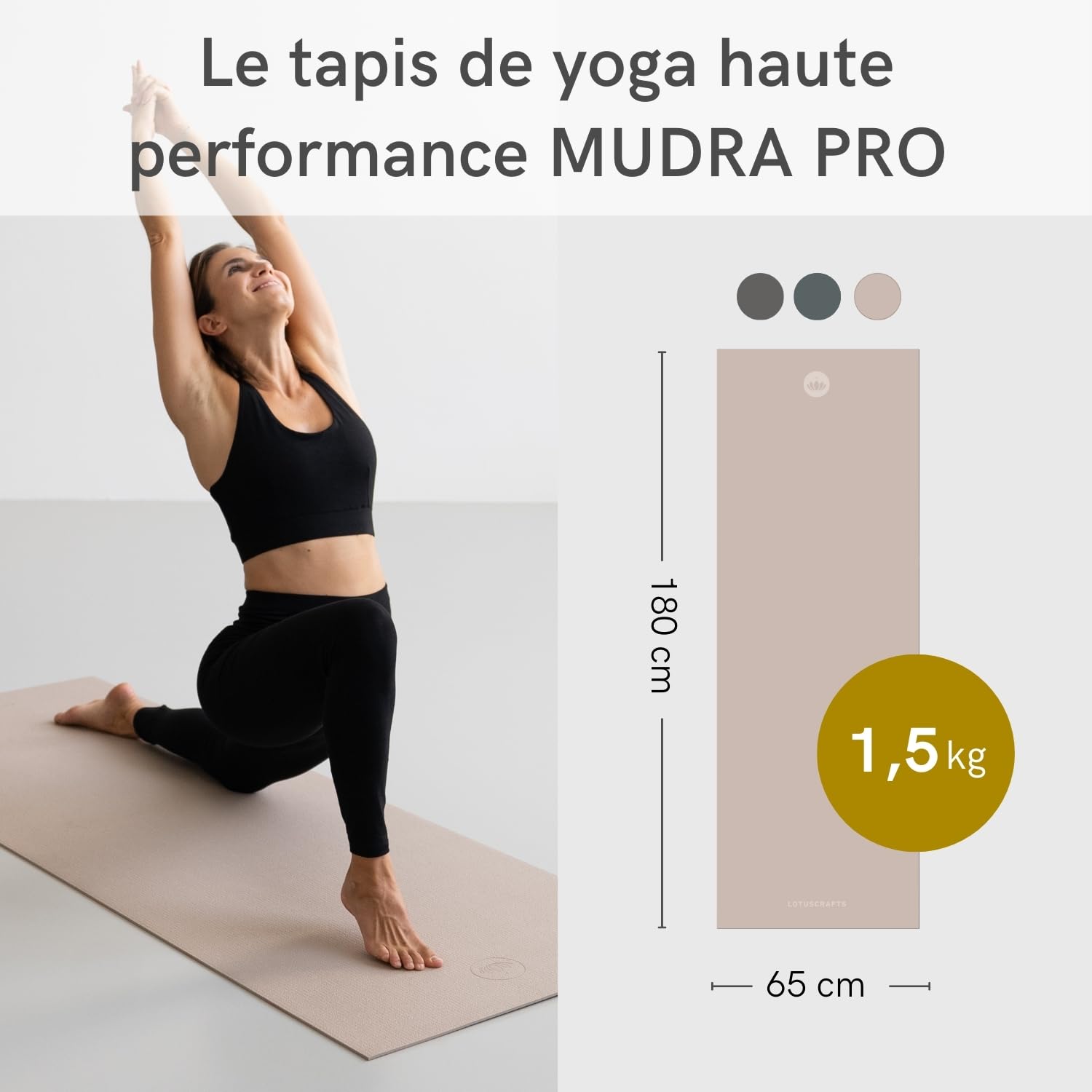 LOTUSCRAFTS Tapis de yoga de haute qualité, modèle Mudra Pro, fabriqué en Allemagne, certifié OEKO TEX®, parfait pour le yoga ou le Pilates