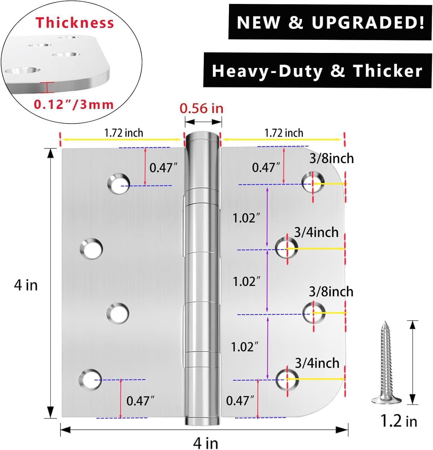 BARTUDA Door Hinges 4x4 Inch, Stainless Steel Hinges Heavy Duty Ball Bearing, Square & 5/8" Radius Corner, Brushed Nickel, Non-Removable Pin, Smooth Quiet Squeak Free Door Hinges, 3 Pack