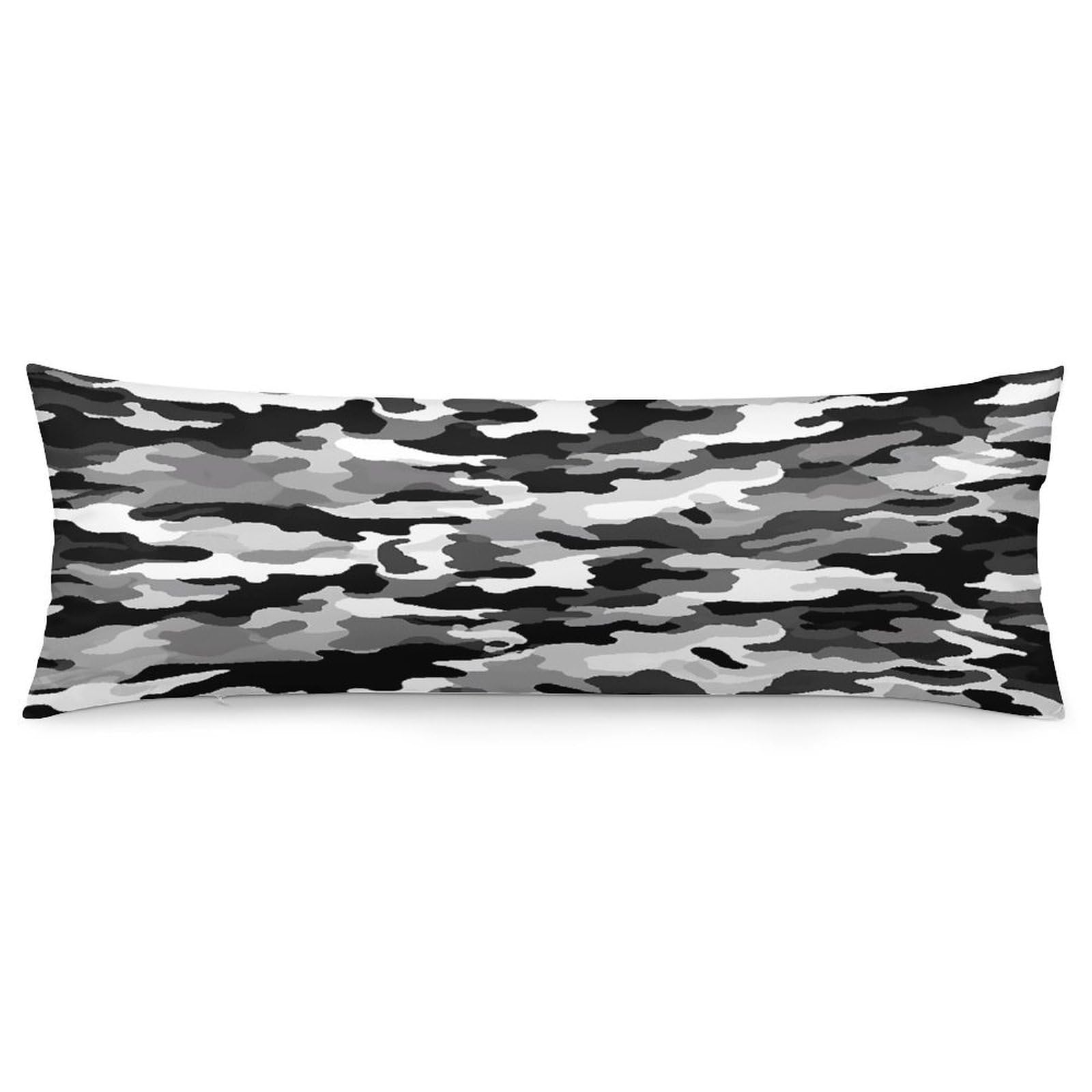 Body Pillow Pillowcase 19x53 Inch Black Grey White Camo Print Body Pillow Cover with Hide Zipper Super Soft Cozy Long Pillow Case Rectangle Long Body Lumbar Cushion Case for Bedroom