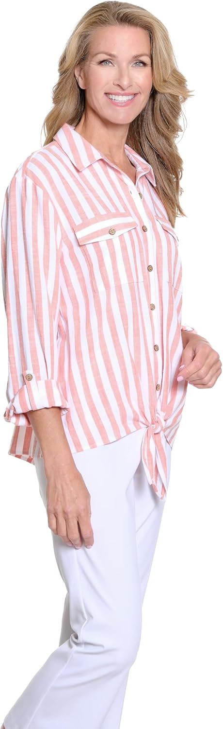 MULTIPLES Women's Roll Tab Long Sleeves Drop Shoulder 2-Pocket Tie Waist Button Front Shirt