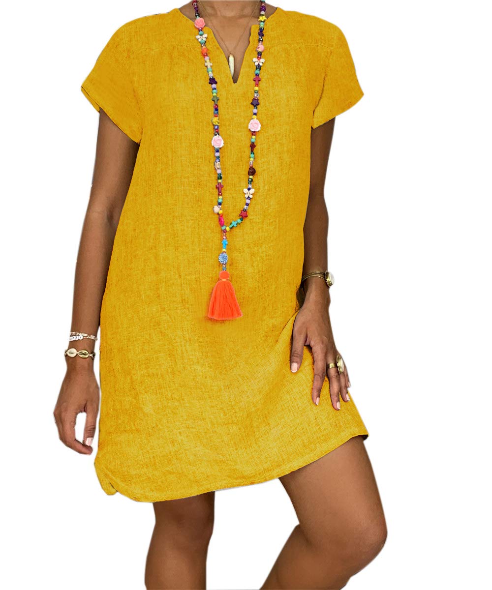Women's Casual Mid-Length One-Piece Dress Large Size Solid Color V-Neck Cotton and Linen Dress