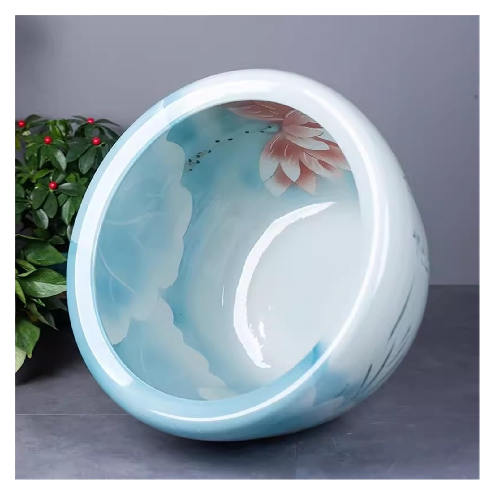 Mały Chiński tradycyjny ceramiczny zbiornik na ryby niebieski liść lotosu kwiat lotosu zbiornik na ryby hodowlane na zewnątrz w pomieszczeniu salon Feng Shui dekoracyjny zbiornik na ryby zbiornik na ż