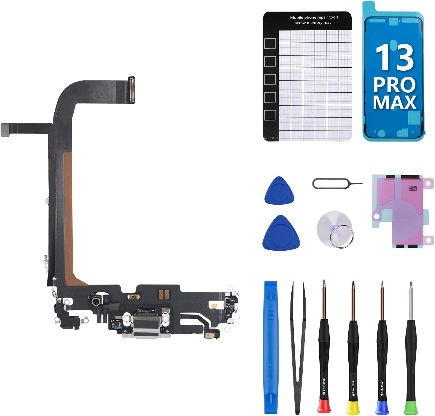 for iPhone 13 Pro Max Charging Port Replacement OEM Headphone Flex Ribbon Cable White USB Charge Dock Connector Assembly Microphone Antanna with Repair Tools Kit A2641 A2643 A2644 A2645 A2484