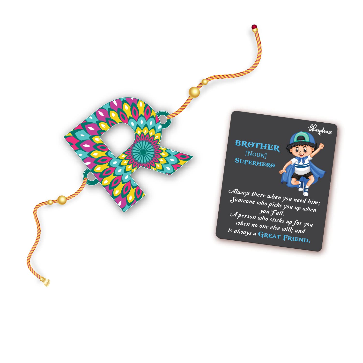 Bhai Please Alphabet R Rakhi with Brother is Superhero Fridge Magnet (Gift Combo for Brother/Bhai/Bhaiya) | Set of 1 pc Rakhi with Roli- Chawal and Fridge Magnet | With Raksha Bandhan Greetings
