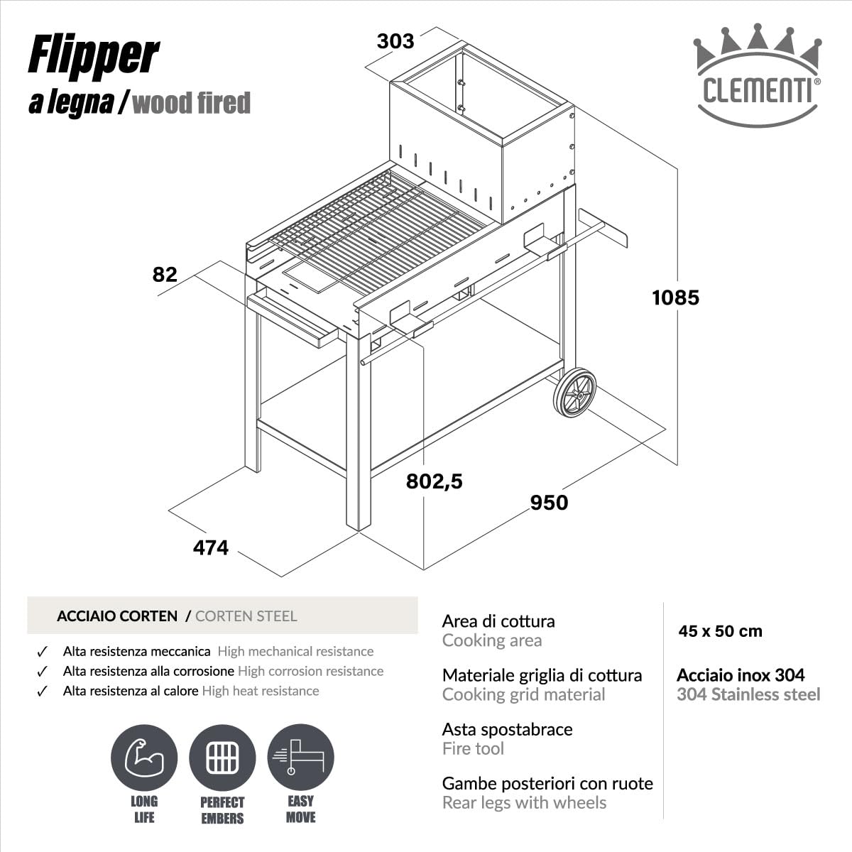 Barbecue à bois en acier Corten pour Serial Griller, Flipper avec grille en acier inoxydable, Super Flipper avec accessoires (Flipper complet avec accessoires)
