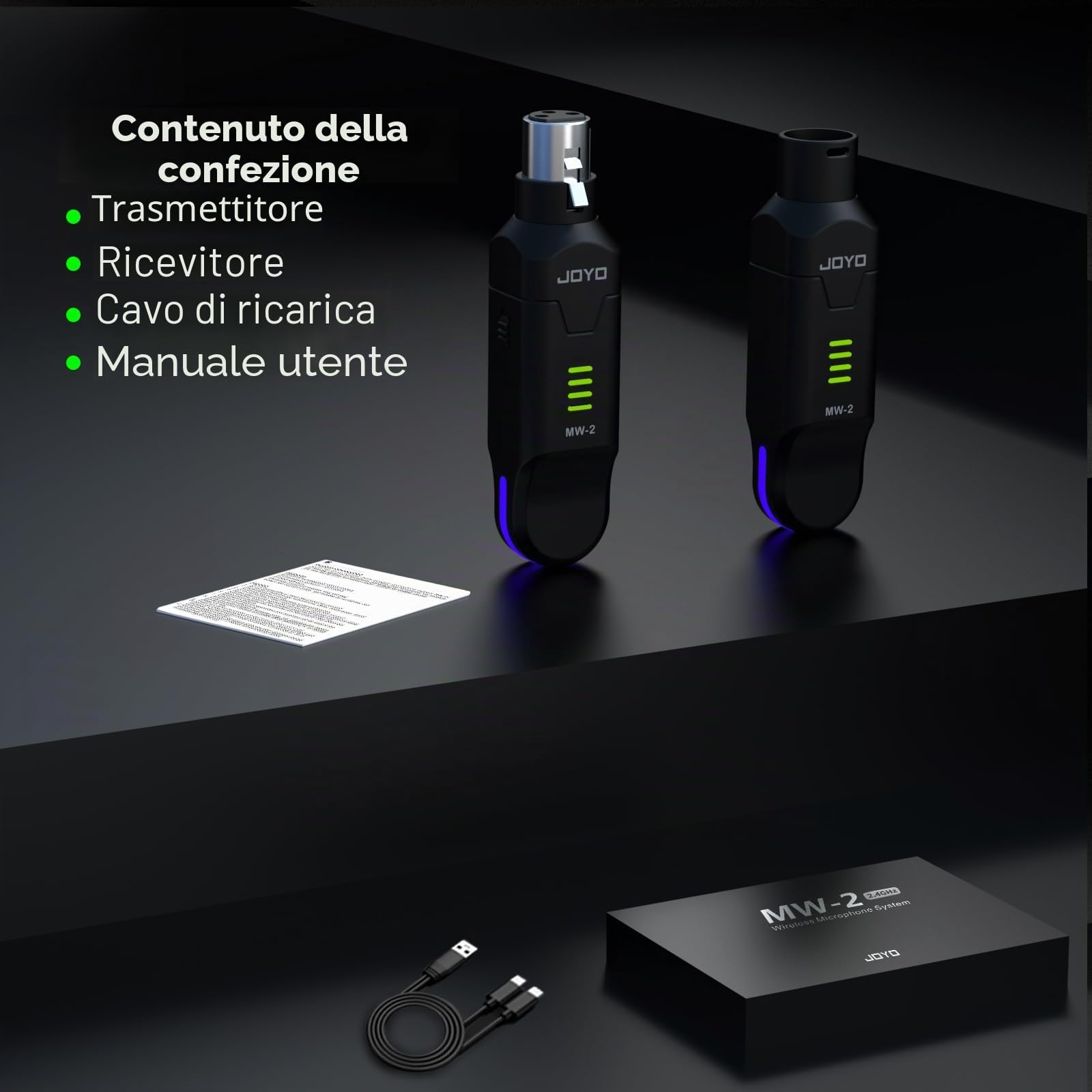 JOYO Sistema Micro Wireless 2.4GHz 4 Canali - Trasmettitore/Ricevitore XLR per Micro Dinamica/Phantom, Adattatore per Sono, Mixer Audio, Chiesa, Studio (MW-2)