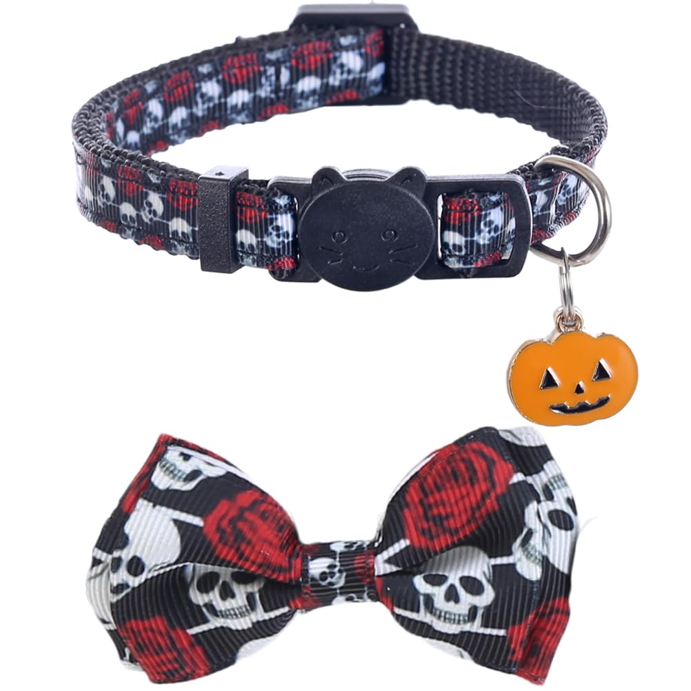 2-Pack Halloween Cat Collars With Bow Tie & Bell - Breakaway Safety Buckle, Ghost Print, Soft Nylon For Kittens & Cats