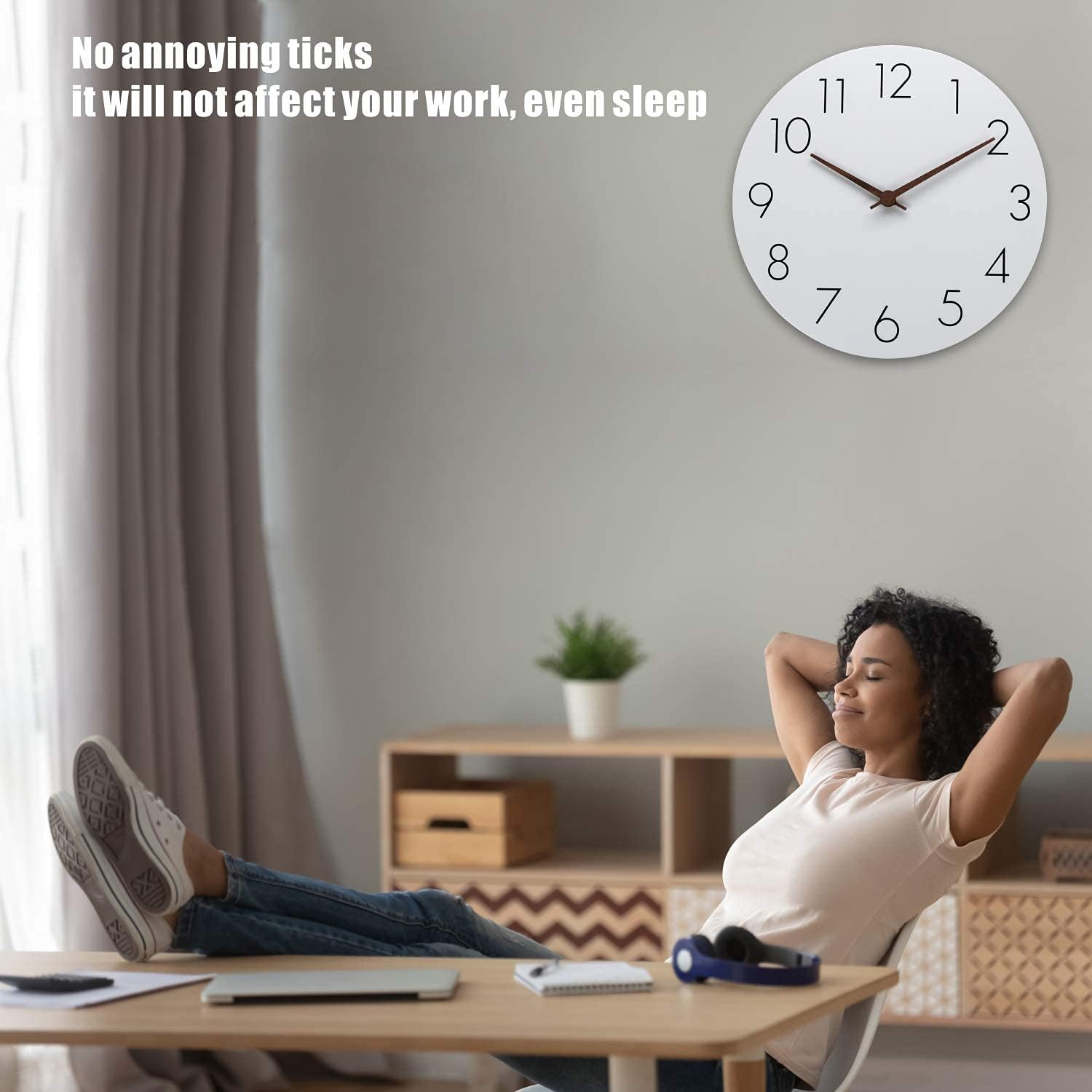 Plumeet 12'' Wooden Wall Clock Frameless Clocks with Silent Quartz Movement - Modern Style Village Wall Clocks Decorative Home Kitchen - Battery Operated (White)